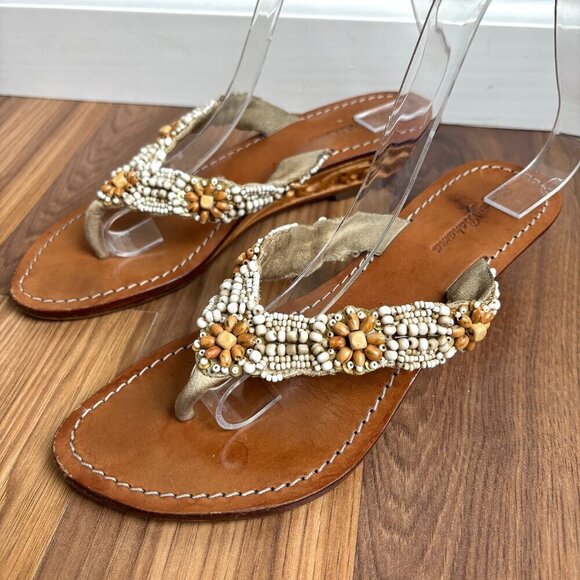 Tommy Bahama Beaded Carved Wood Wedge Flip Flop Thong Sandals Beachy Boho - Picture 1 of 15